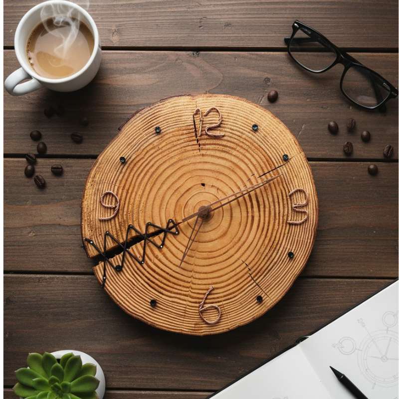 Rustic Handmade Wooden Wall Clock  Sun-Dried Natural Wood