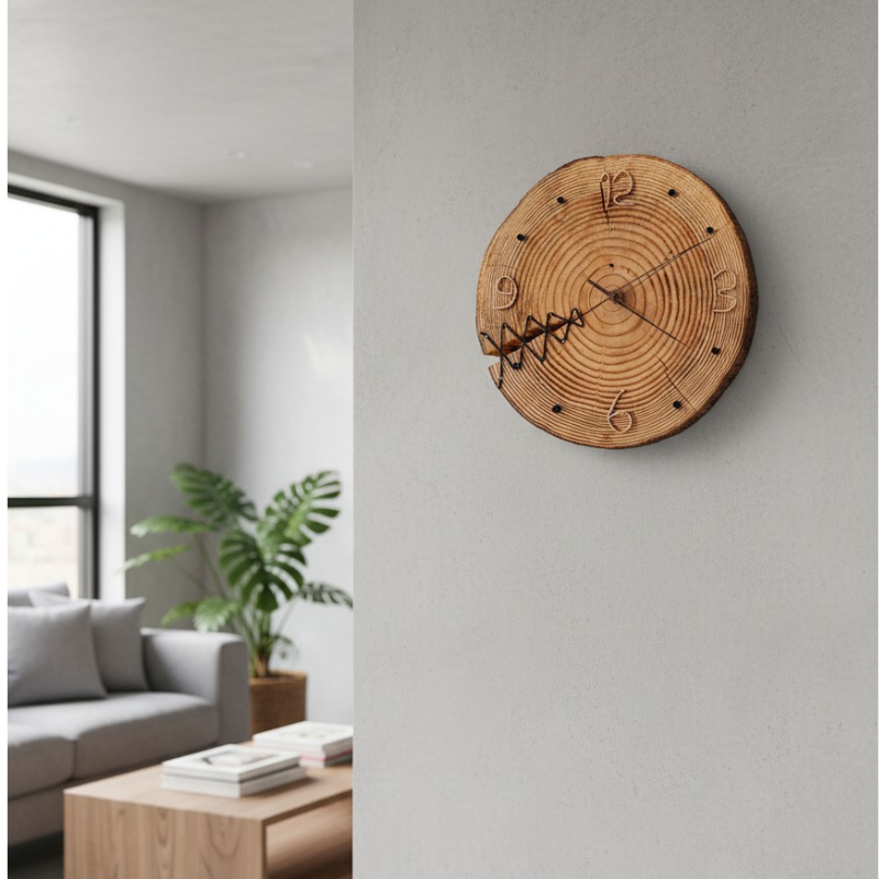 Rustic Handmade Wooden Wall Clock  Sun-Dried Natural Wood