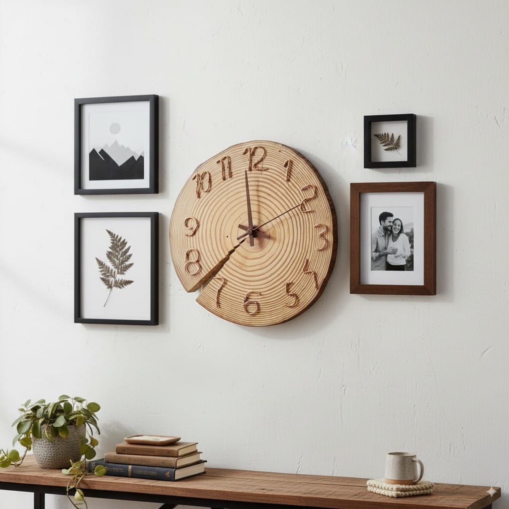 Hand Made Wooden Wall Clock Pure White Pine Wood 33 cm