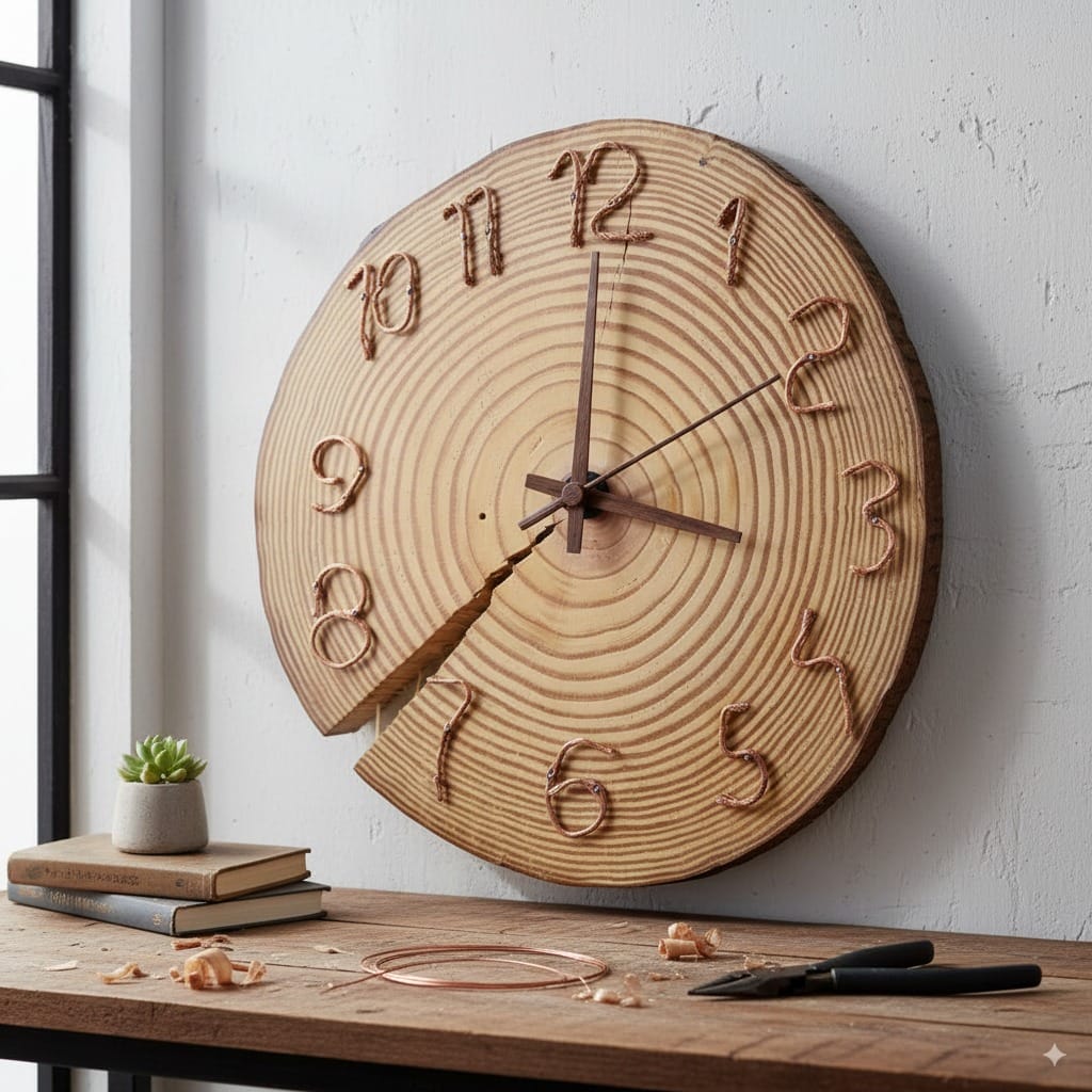 Hand Made Wooden Wall Clock Pure White Pine Wood 33 cm