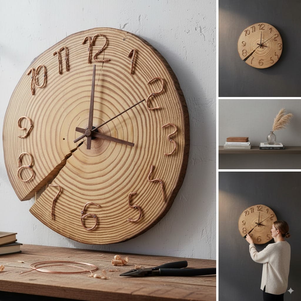 Hand Made Wooden Wall Clock Pure White Pine Wood 33 cm